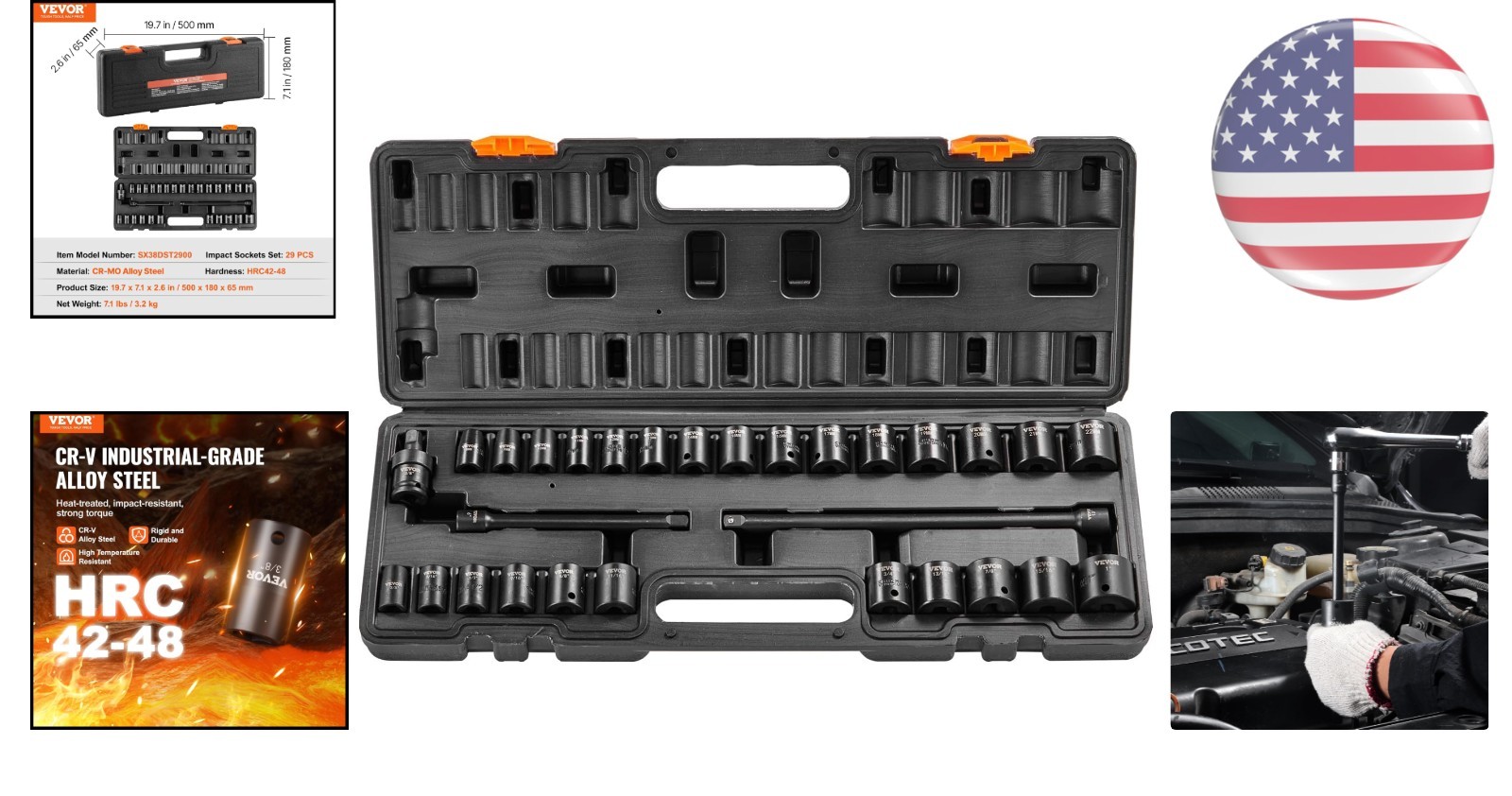 29-Piece 3/8″ Drive Impact Socket Set – SAE & Metric CR-V Alloy Steel