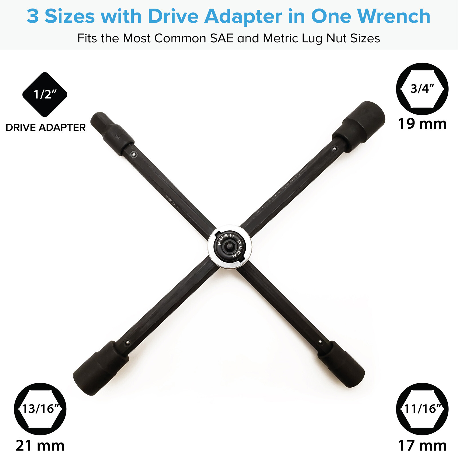4 Way Adjustable Cross Wrench Remove Install Lug Nuts Wheel – 17mm 19mm 21mm Hex