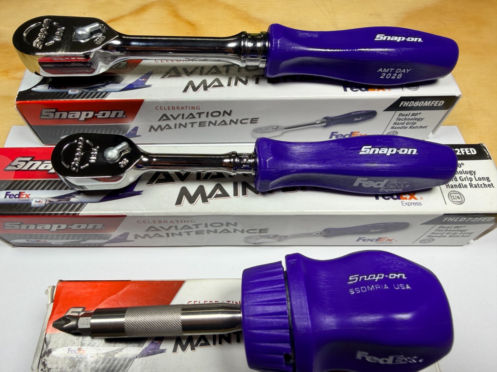 Snap-on Tools NEW ULTRA RARE PURPLE FedEx 3pc AMT DAY Ratchet & Screwdriver Set