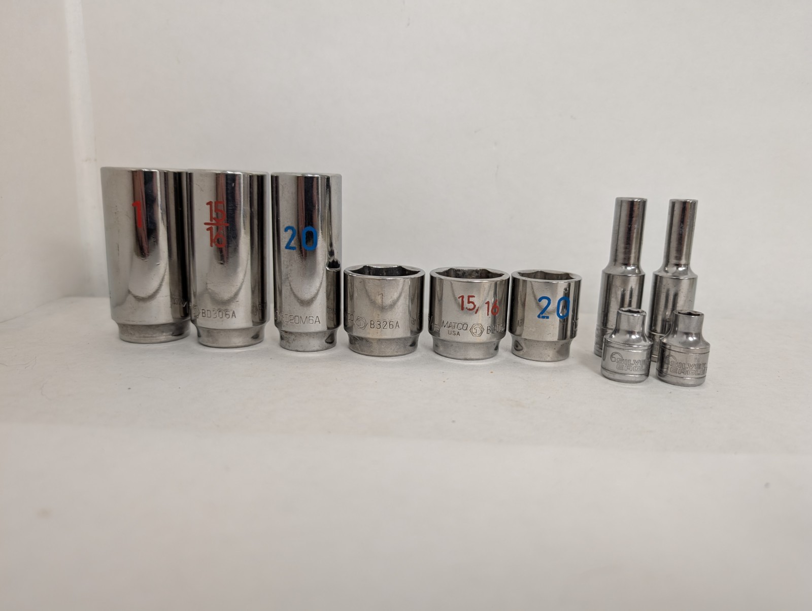 Mixed Matco & Silver Eagle Chrome Socket Lot (8 Pcs) – ALL 3/8″ Drive SAE & Metr