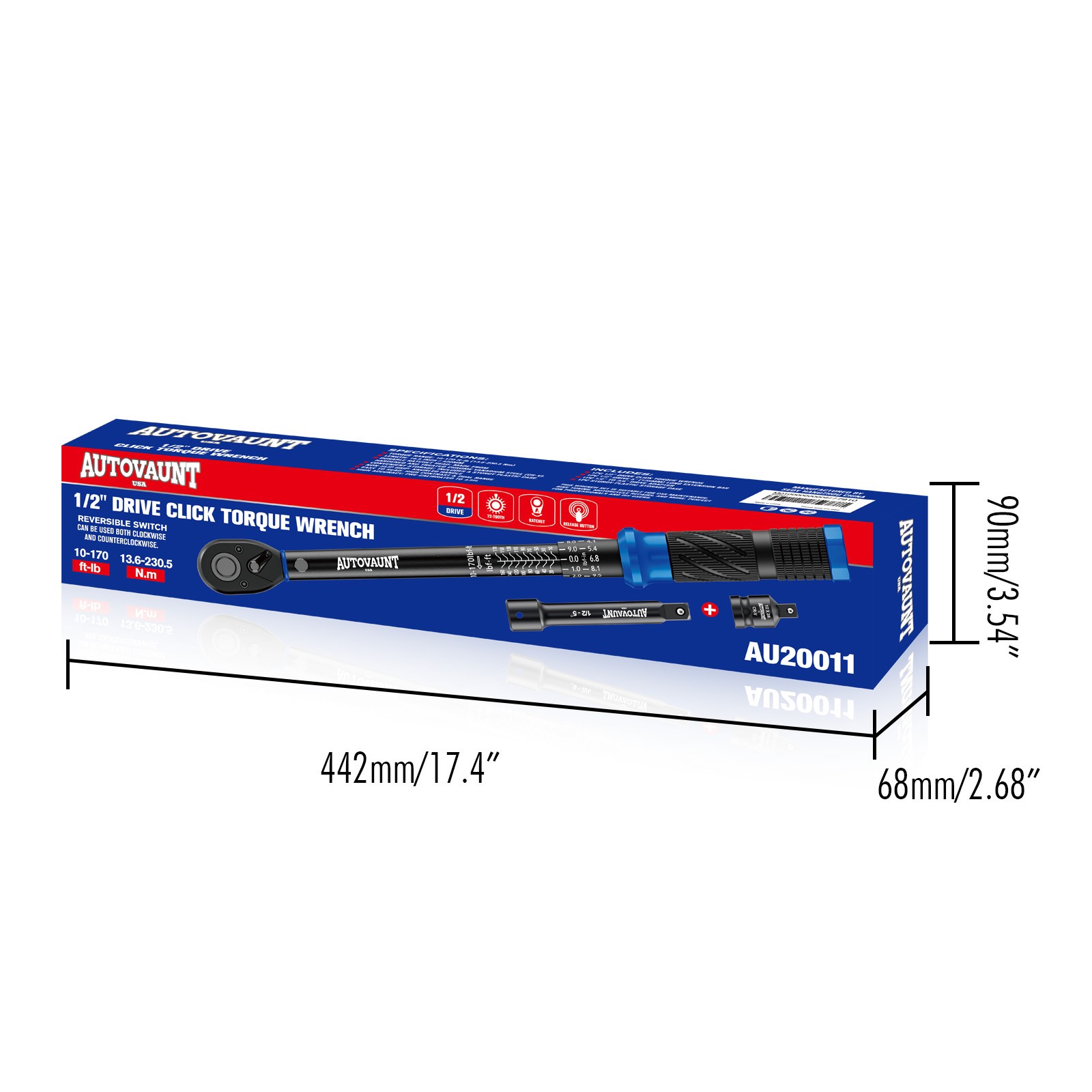 1/2″ Drive Click Torque Wrench Snap Socket Ratcheting 10~150 FT-LB/13.6~203.5N-M