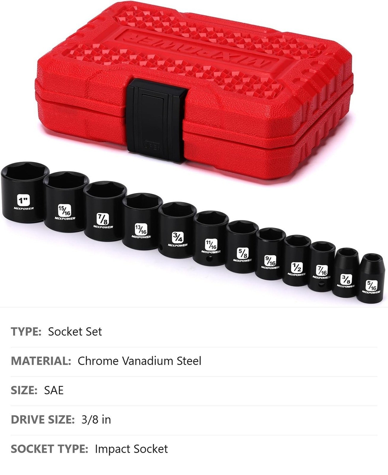 3/8-Inch Drive Shallow Impact Socket Set, 12 Pc, SAE, 6 Point, Black Phosphate