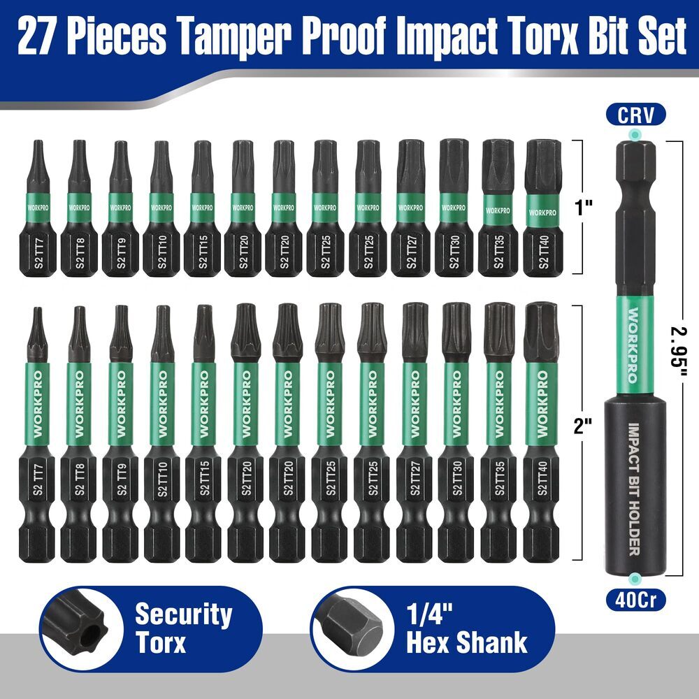 WORKPRO 27PC Impact Torx Bit Set (TT7-TT40) 1/4″ Hex-Shank W/1″&2″ Long Star Bit