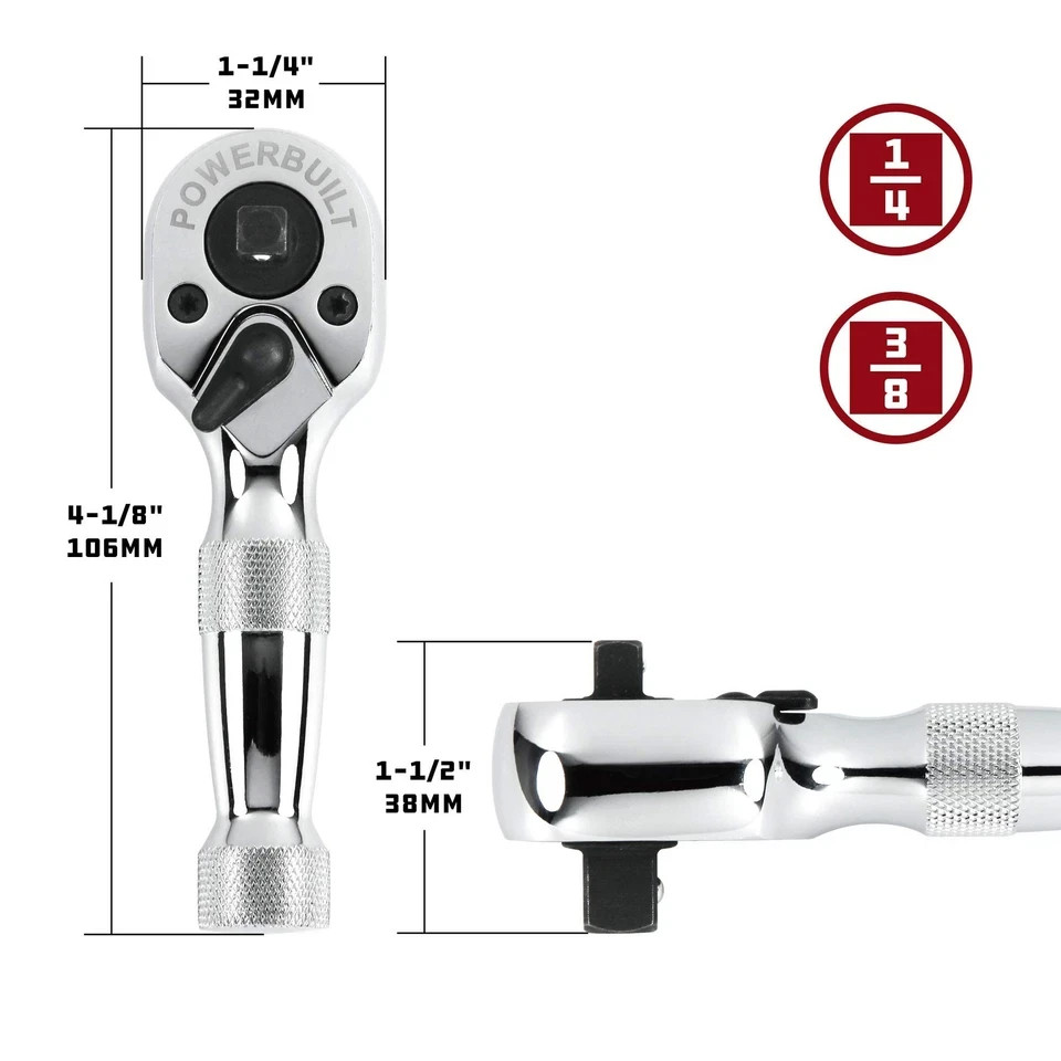 Powerbuilt Stubby Ratchet, Dual Head Ratchet, 1/4 Inch and 3/8 Inch Drive, Re…