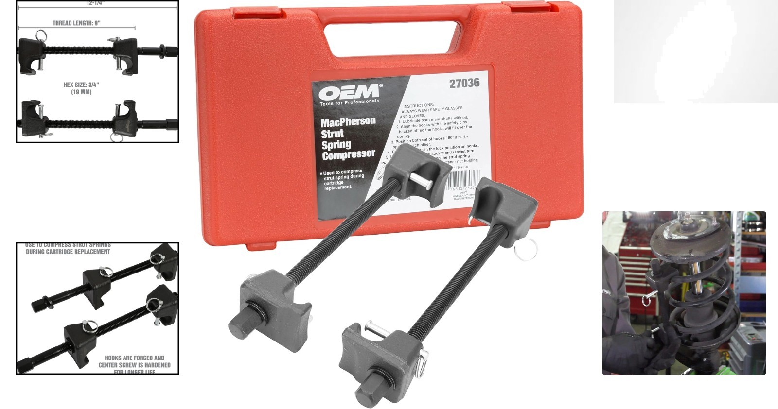 Heavy Duty Spring Compressor Tool Set – 10.75 Inch with Safety Latches and Case