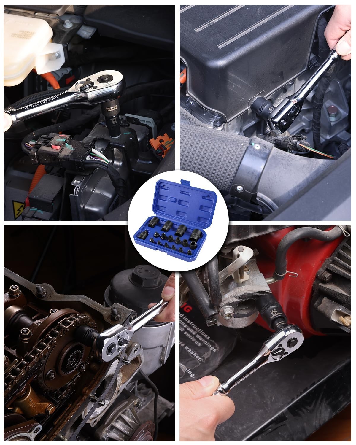 17 PCS Female E-Torx Socket Set E4-E24, CR-V Steel, 1/4″ 3/8″ 1/2″ Drive, Invert