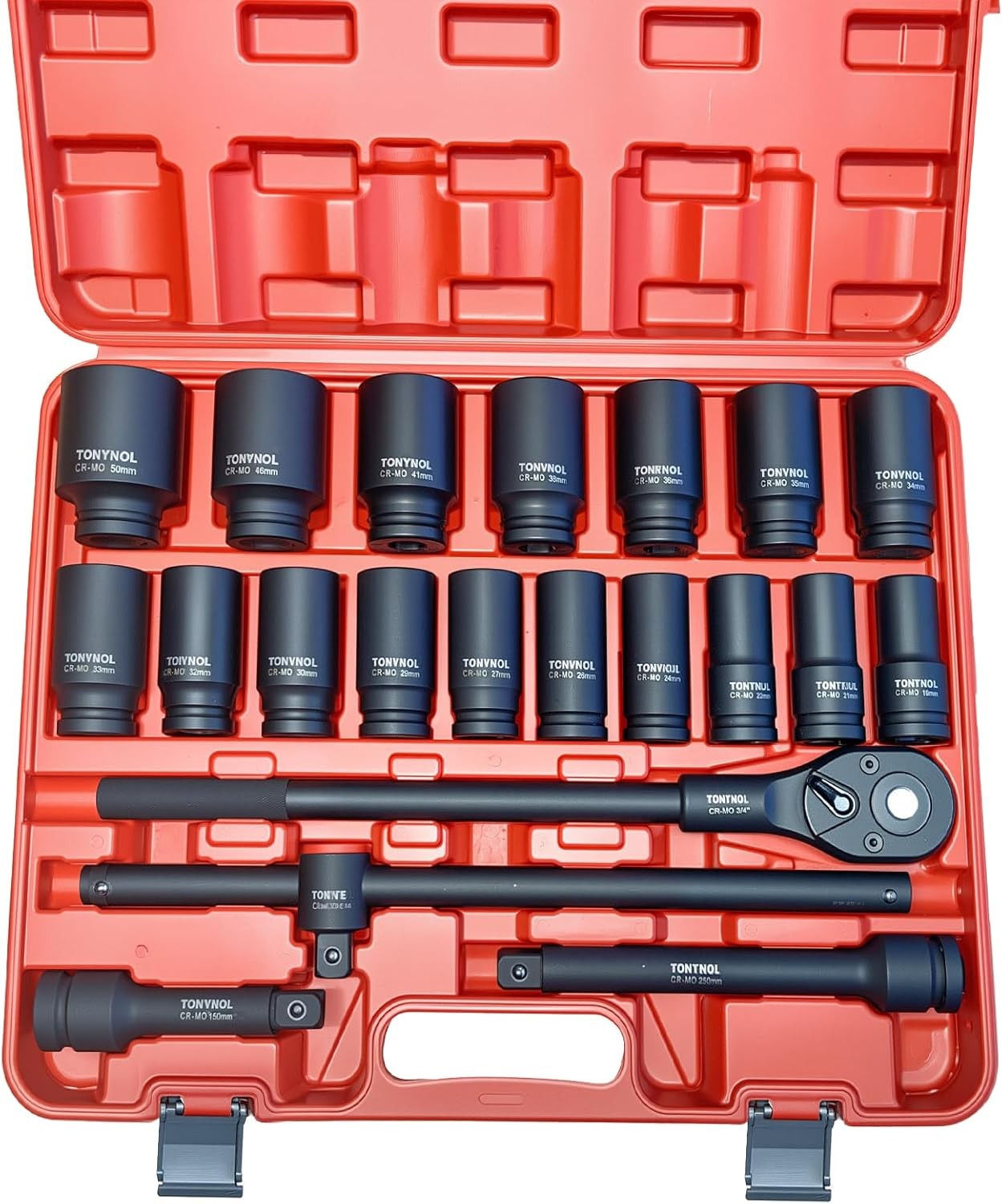 3/4 Inch Drive Deep Impact Socket Set, 21 Pieces, 6 Point, Metric Sizes Black
