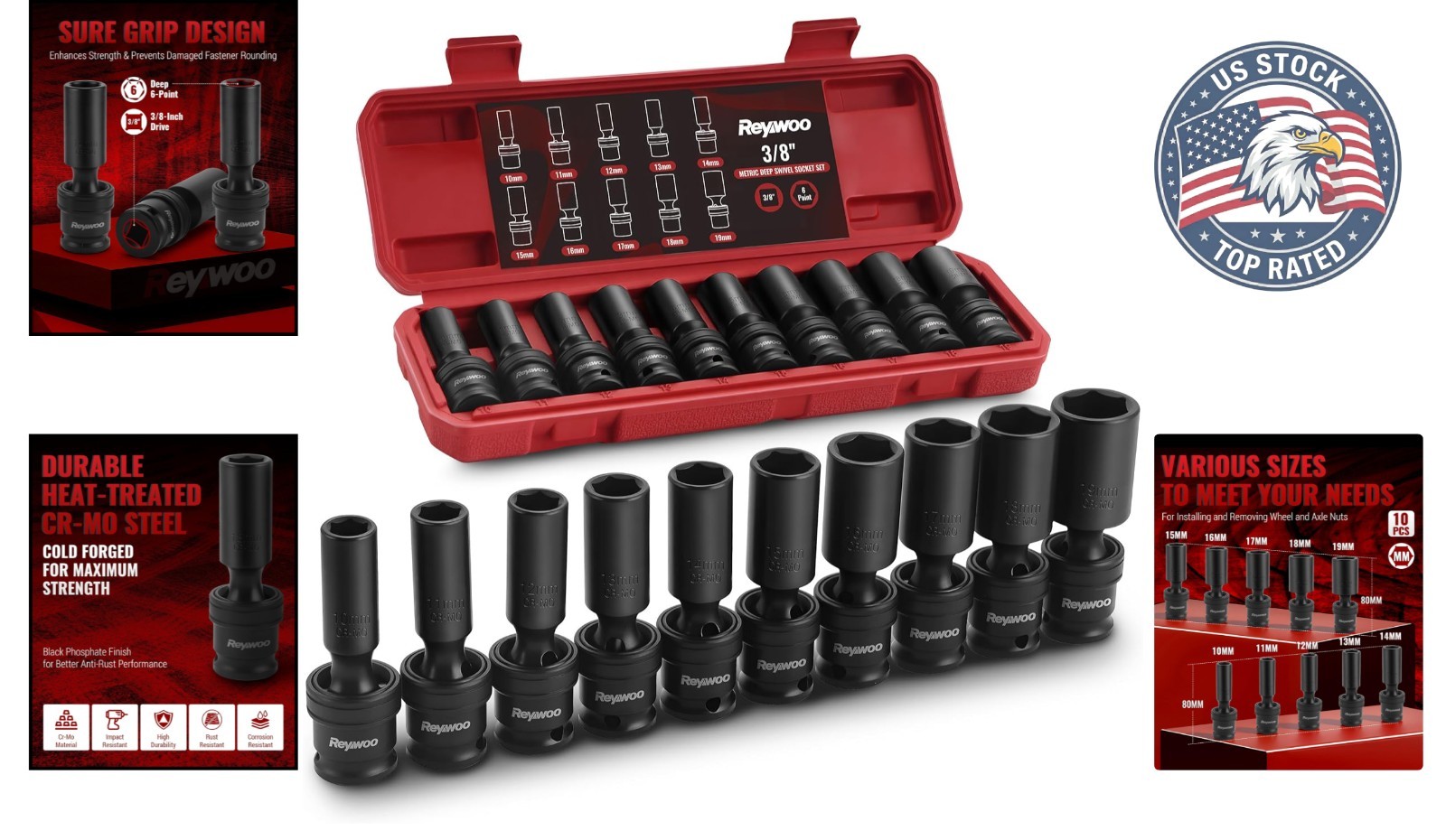 Durable 10-Piece 3/8″ Drive Deep Socket Set with Vibration Absorption Technology