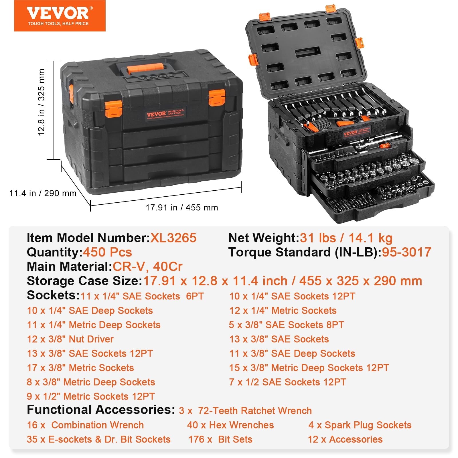 450 Pcs Mechanics Tool Set – Deep & Standard Sockets, Wrenches, Bits, Storage Ca