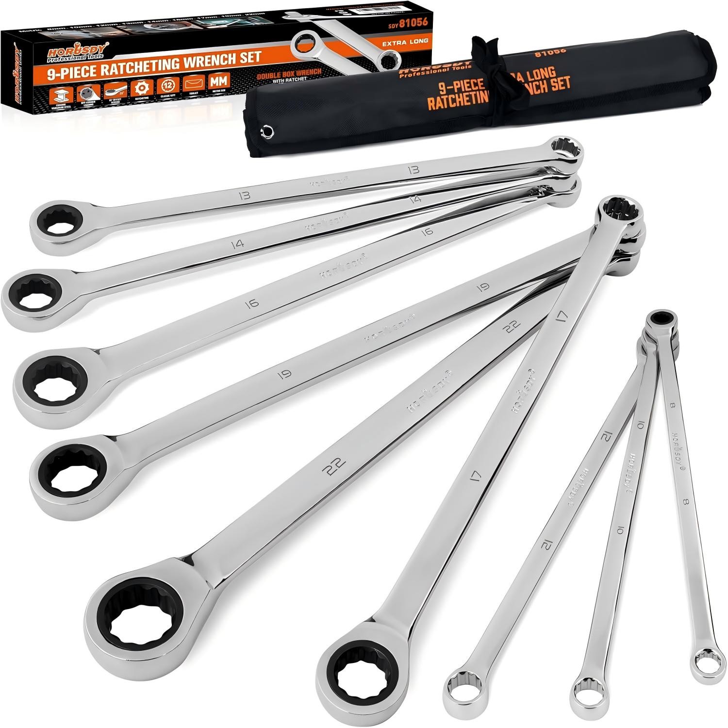 9-Piece Extra Long Ratcheting Wrench Set Double Box End with Bag Metric 8-22mm