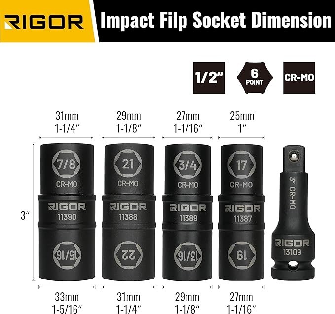 11386 1/2-Inch Drive Wheel Lug Nut Flip Socket Set, 5-piece | Impact, Cr-Mo Stee