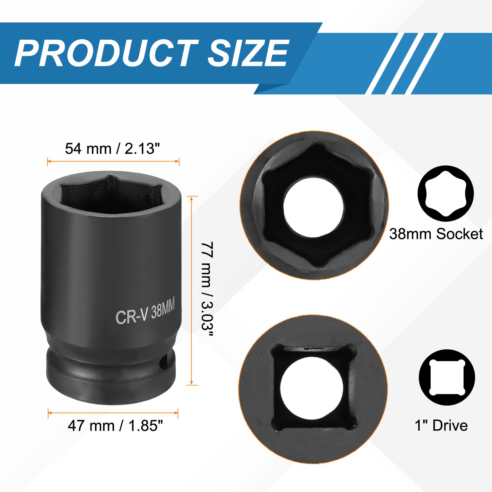 1 Inch Drive 38mm 6 Point Impact Socket Chromium Vanadium Steel