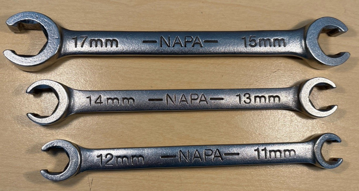 NAPA Tools Metric Double Flare Nut Line Wrench Set 11mm-15mm, 17mm 3pc USA- EUC