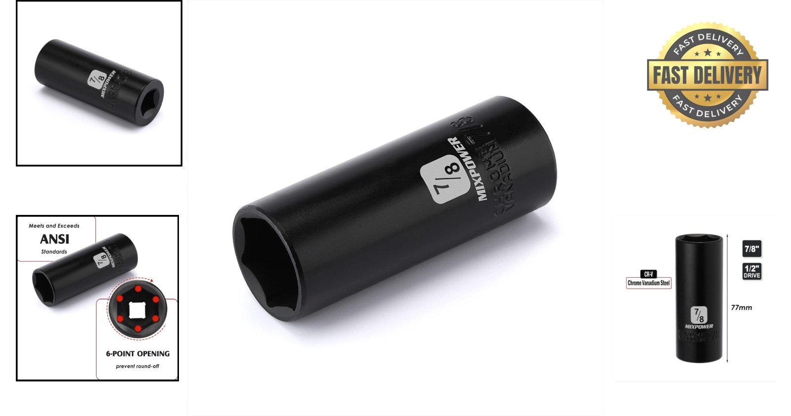 1/2 Inch Drive 6 Point Impact Socket – 7/8 Inch Size, Laser Etched for Easy Use