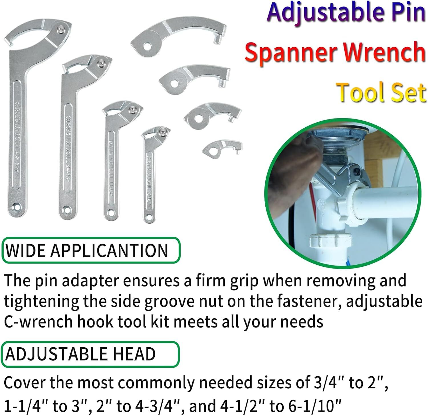 8 Pack Adjustable Hook & Pin Wrench Spanner Tool Nut Adjustment 3/4″ to 6-1/10″