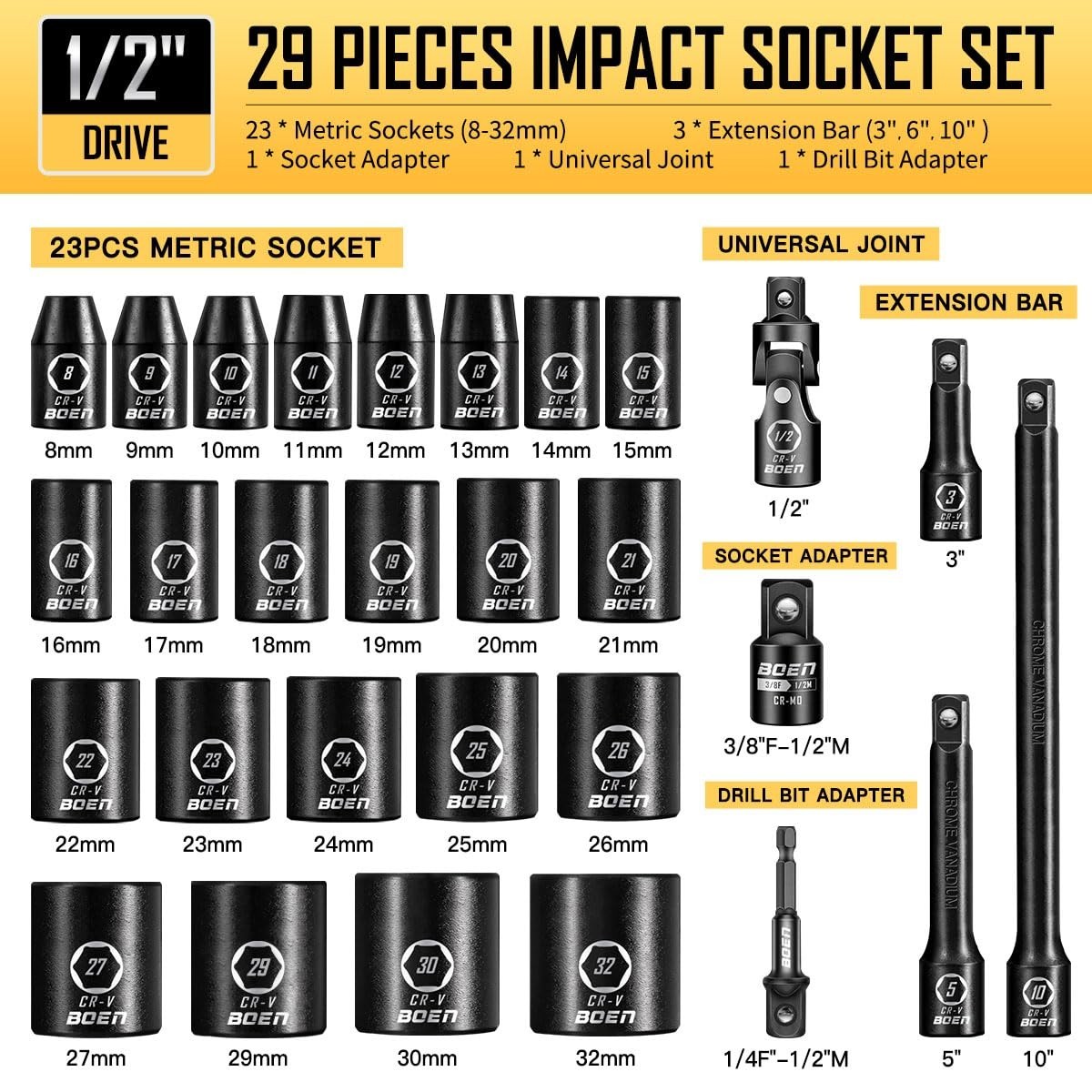 29PCS 1/2” Drive Metric Socket Set, 8mm-32mm, Impact Shallow 6 Point Lug Nut Too