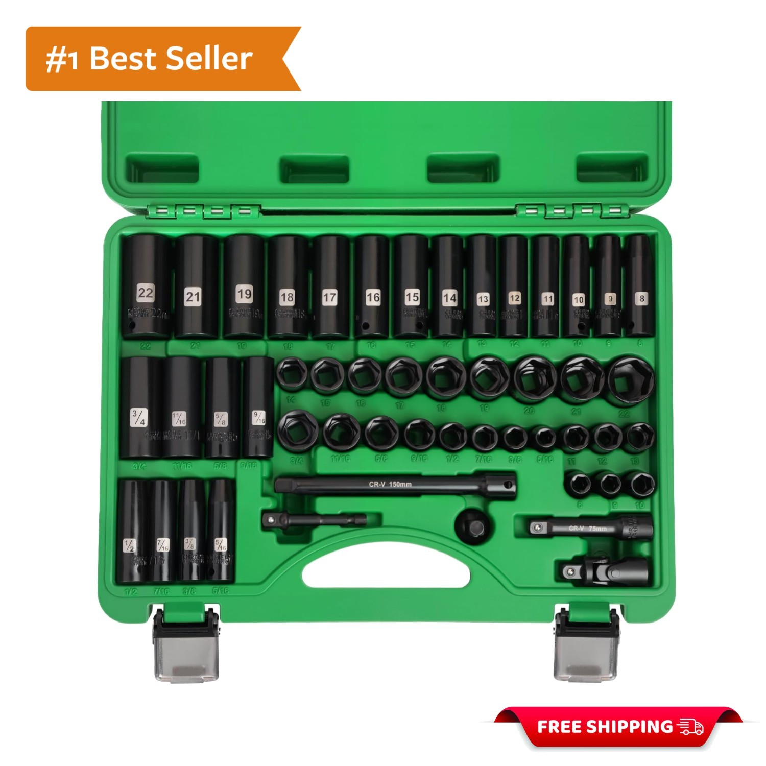 3/8″ Drive Impact Socket Set, 50 Piece Standard SAE 5/16 to 3/4 inch and Metr…