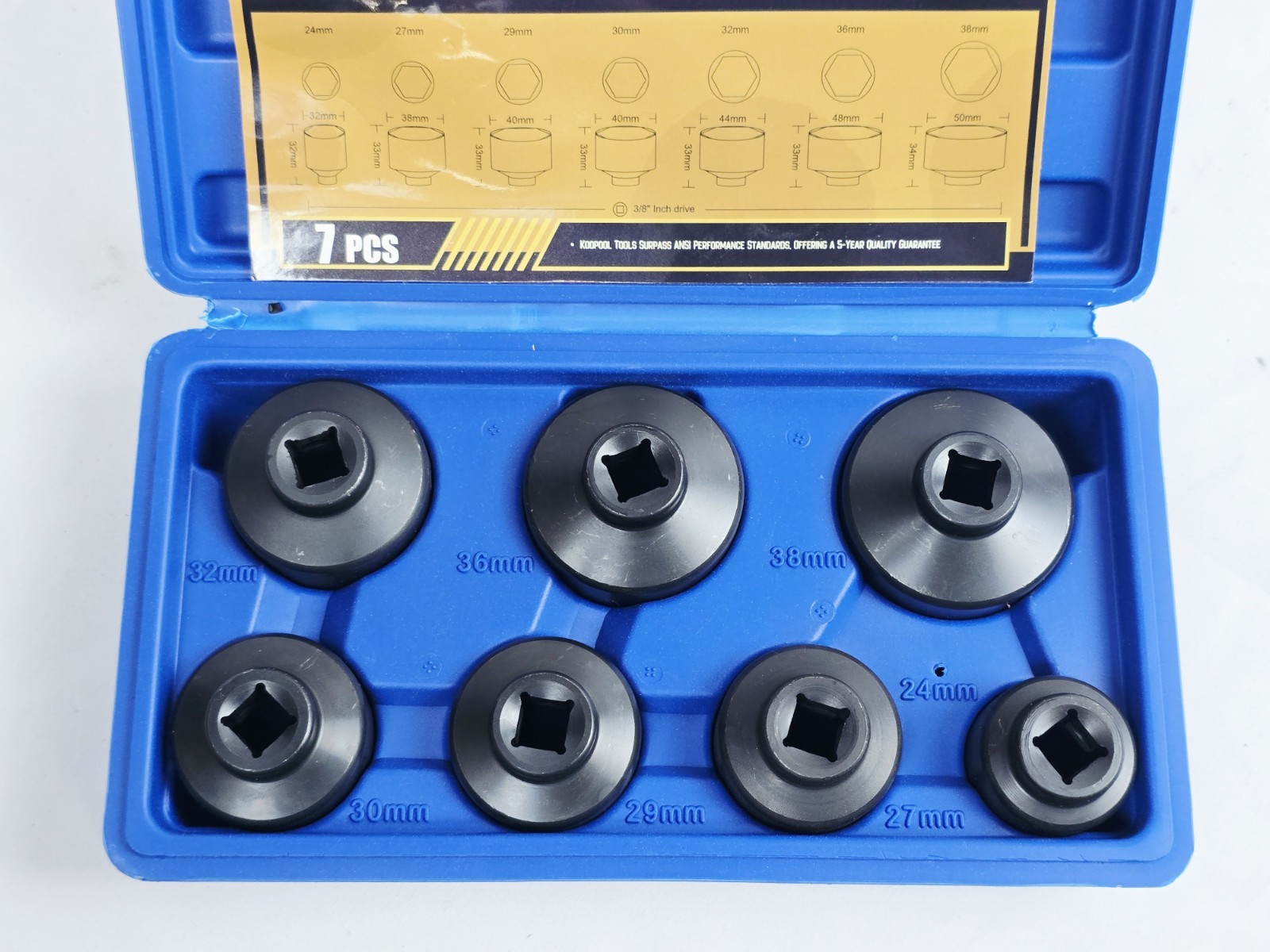 7-Piece Oil Filter Socket Set Includes 24mm, 27mm, 29mm, 30mm, 32mm, 36mm, 38mm