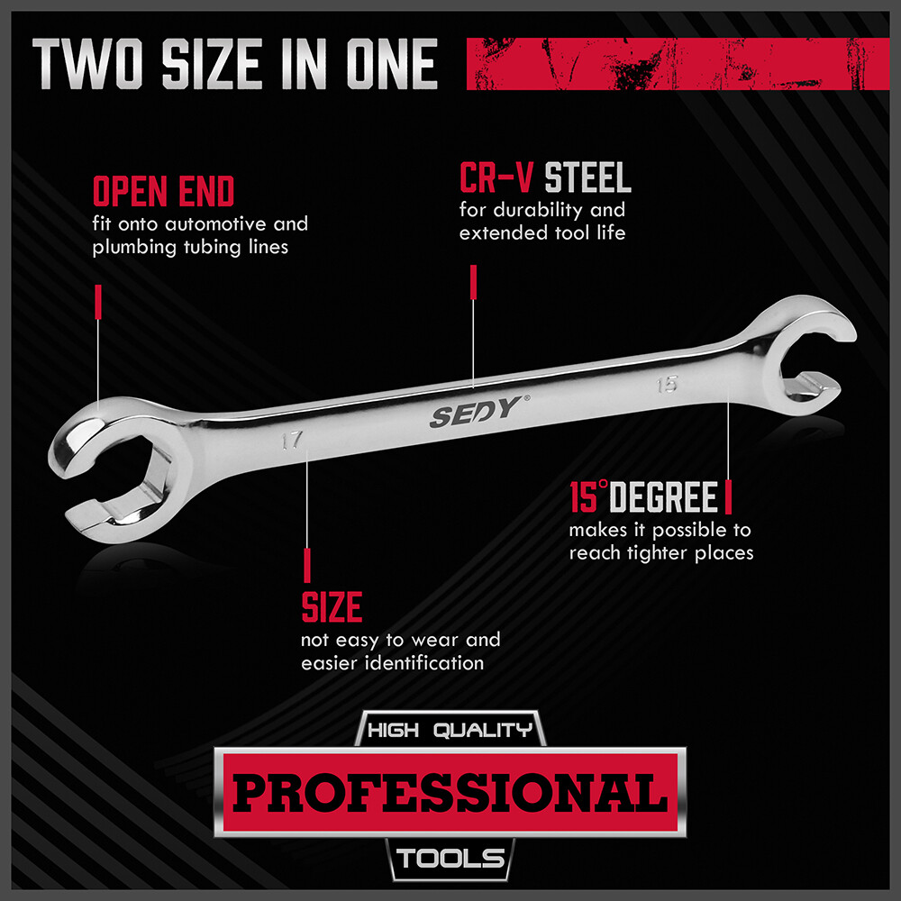 4PC Flare Nut Wrench Fully Polished Metric MM Brake Line Wrenches with Pouch
