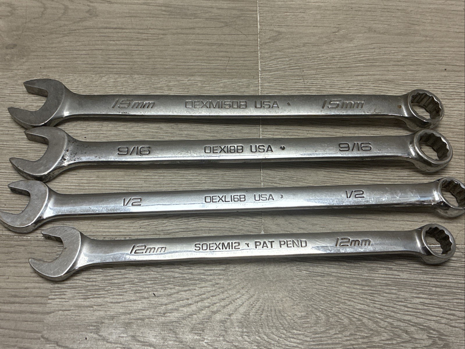 (4) Snap-On Wrenches DEXM150B, DEX18B, DEXL16B, SOEXM12 15mm,9/16,1/2,12mm