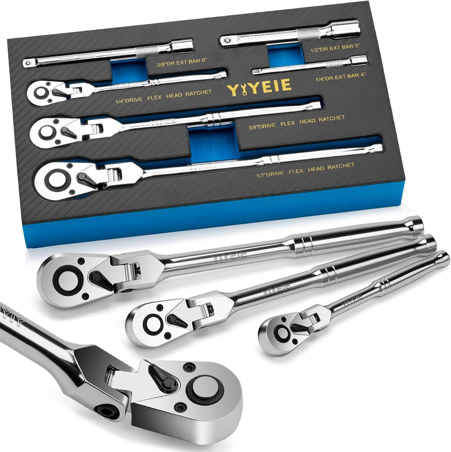 6-Piece Flex Head Ratchet Set, 1/4″, 3/8″, 1/2″ Drive, Swivel Head Ratchet Wr…