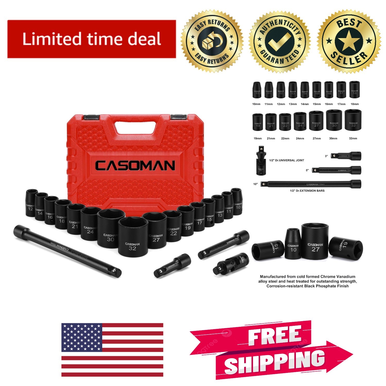 1/2-Inch Drive Impact Socket Set – 20-Piece with 10mm-32mm Sockets