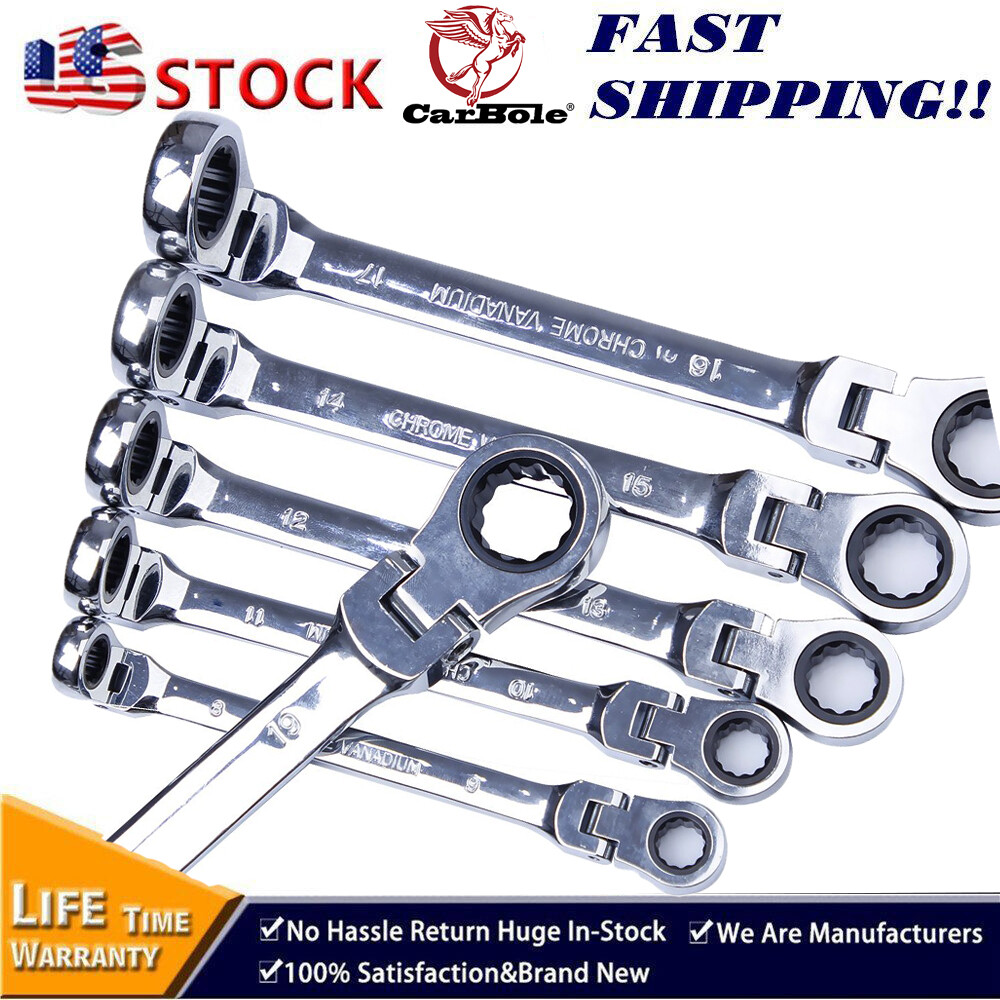 6Pc Double Box End Ratcheting Wrench Flex-Head Extra Long Heavy Duty Spanner Kit
