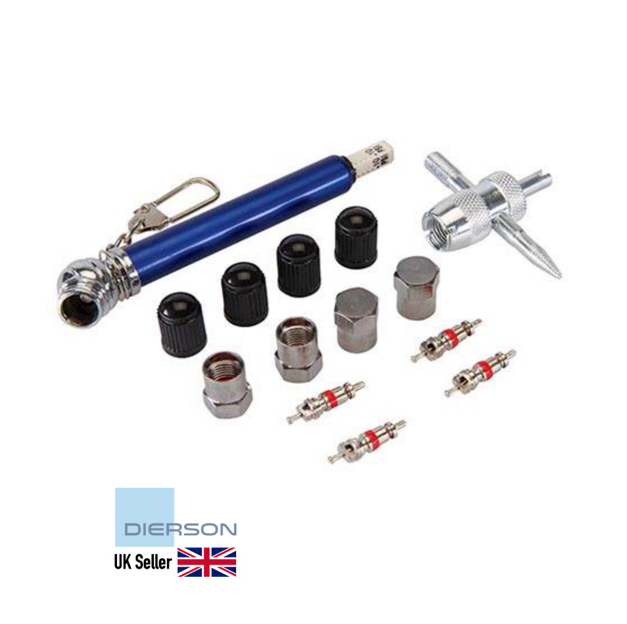 Tyre Wheel Valve Repair Kit 14 Pce Silverline 380568 10 – 50 psi Pressure Gauge