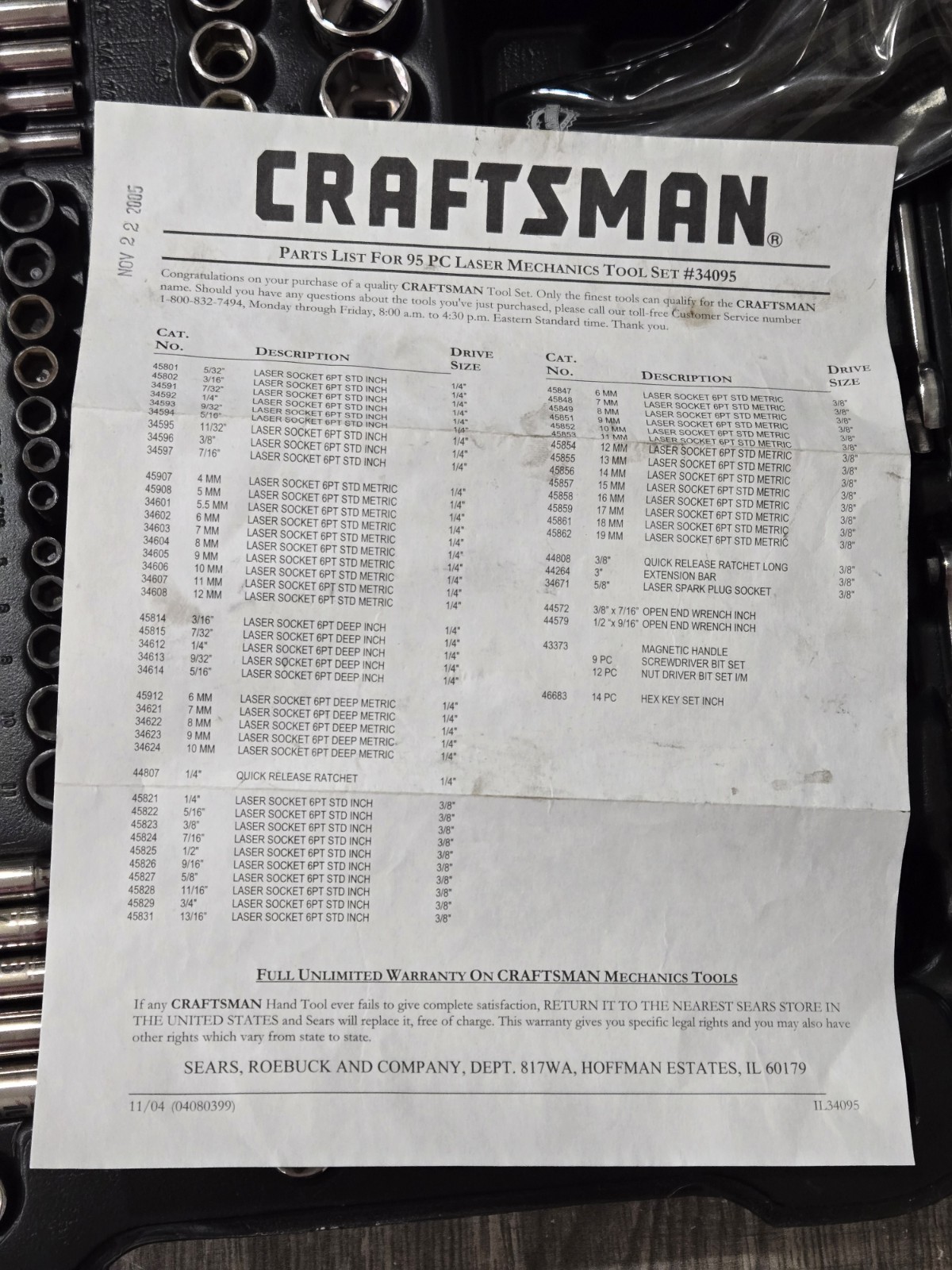 Easy Read Craftsman USA 95 Piece Mechanic Tool Set Complete in Case No 34095