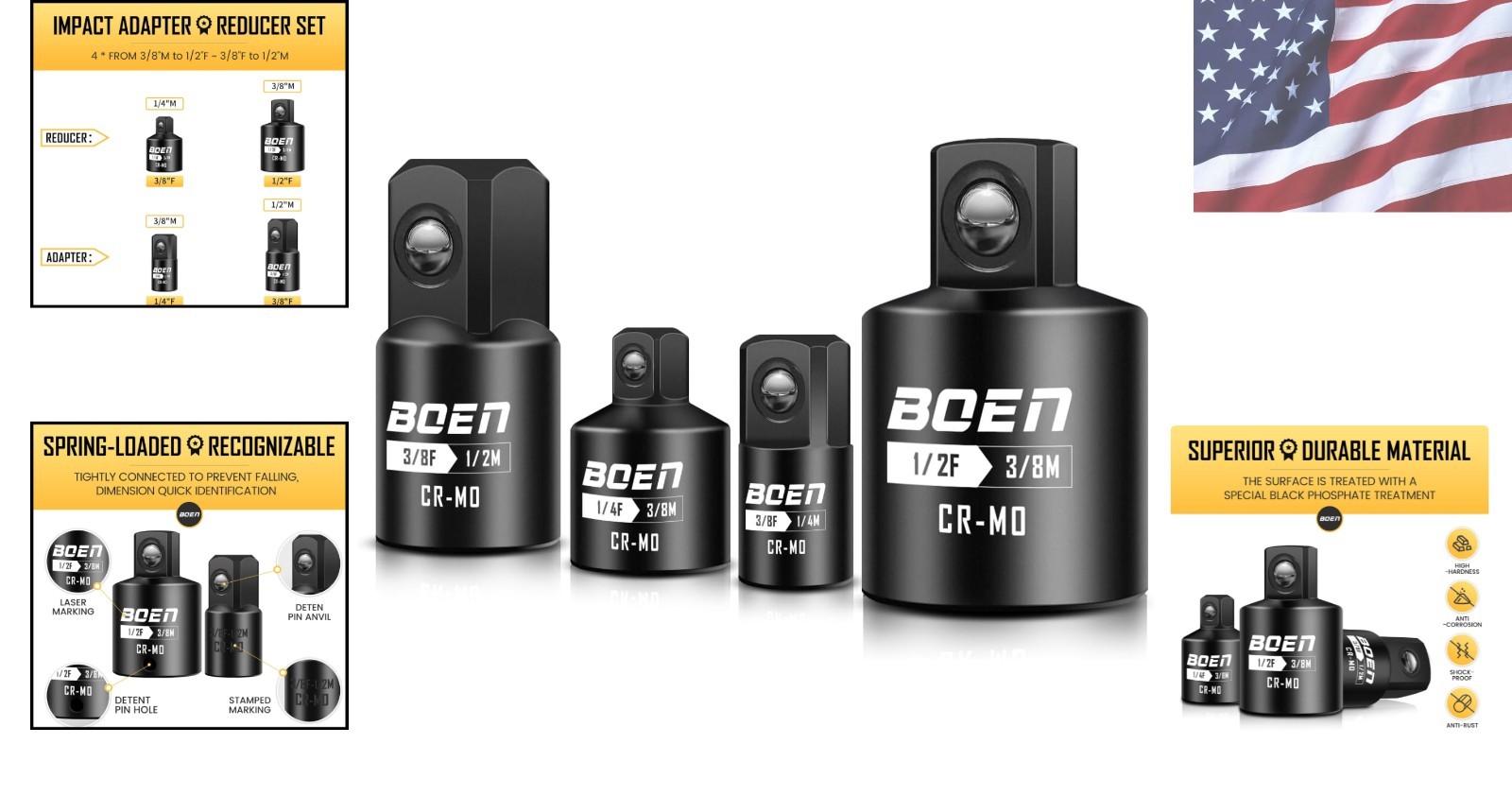 4 Piece Impact Socket Adapter Set and Reducer Set, 1/4″, 3/8″, 1/2″ Drive Soc…