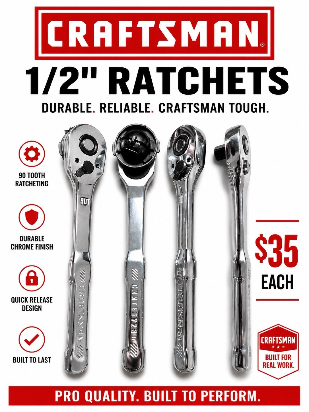 4 *NEW* Craftsman 1/2 drive ratchets, standard handle. $35 ea OBO