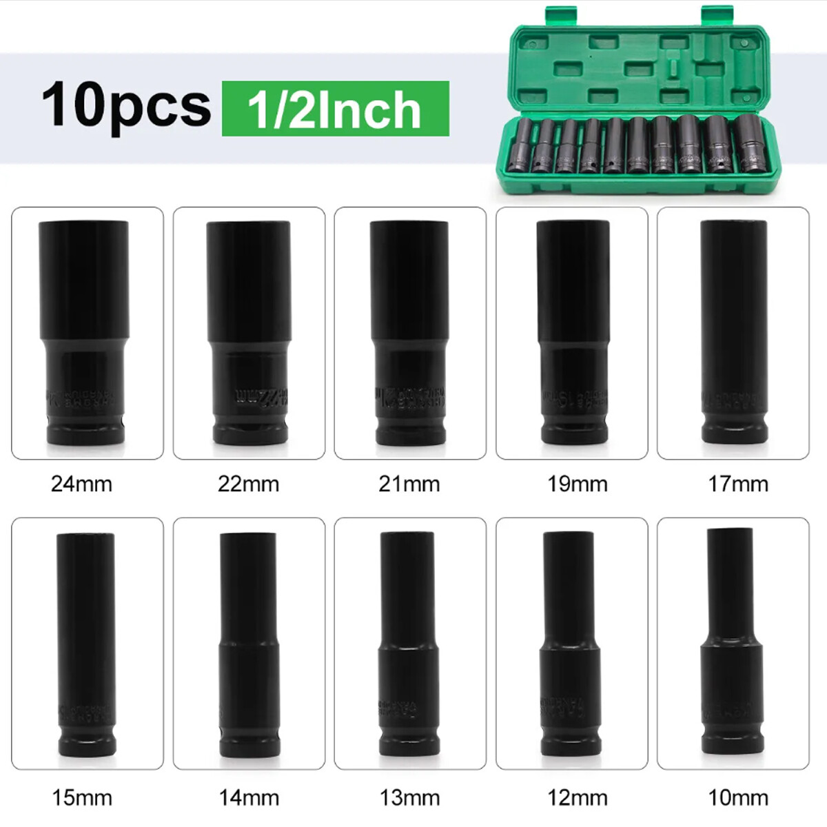 10PCS 1/2″ Deep Impact Socket Set Drive 6 Point Metric Garage Tool 10 – 24mm US