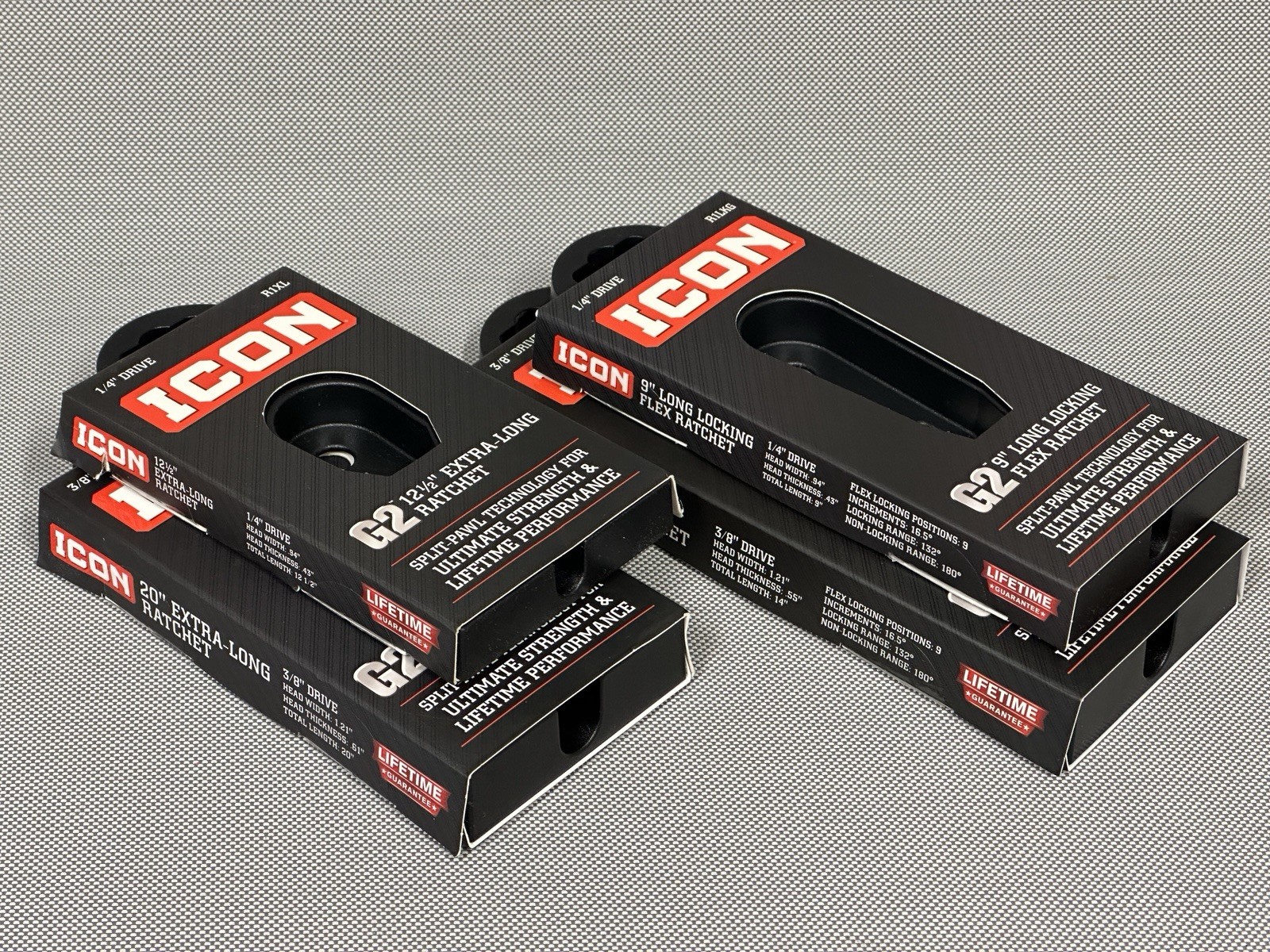 ICON G2 Ratchet Package / Storage Tray 1/4” + 3/8” Extra Long + Flex – LOT OF 4