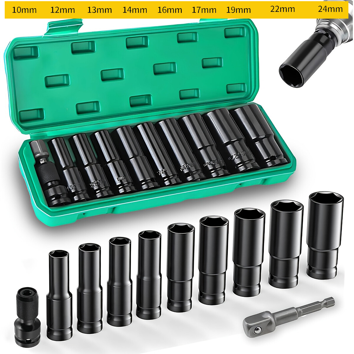 1/2″ Deep Impact Socket Set Drive Long Reach Thin Wall Metric Sockets 10mm-24mm