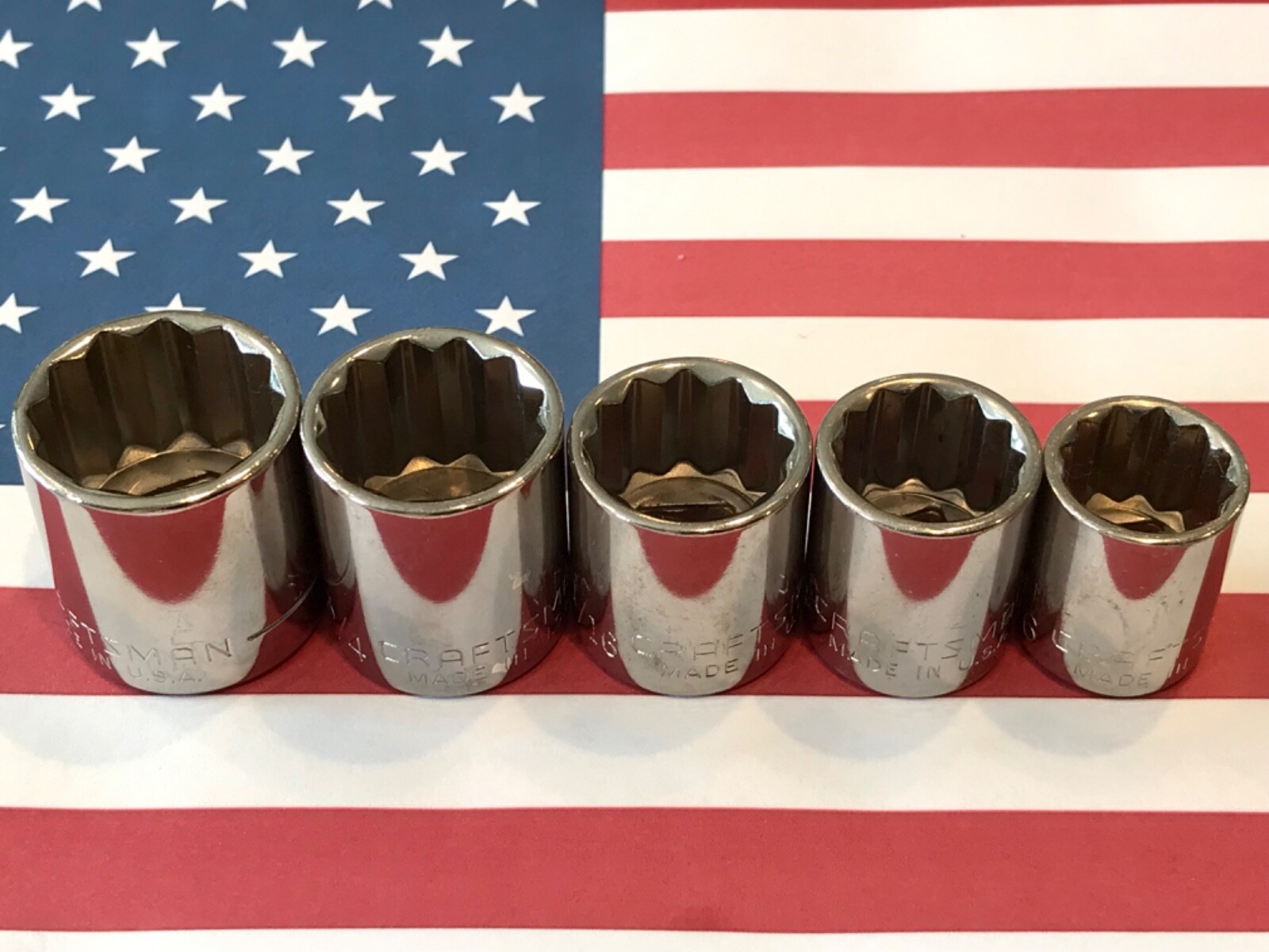 Vintage NOS Craftsman SAE, 3/8 Drive, 12 Pt, Inverted G, 5-Piece Socket Set USA