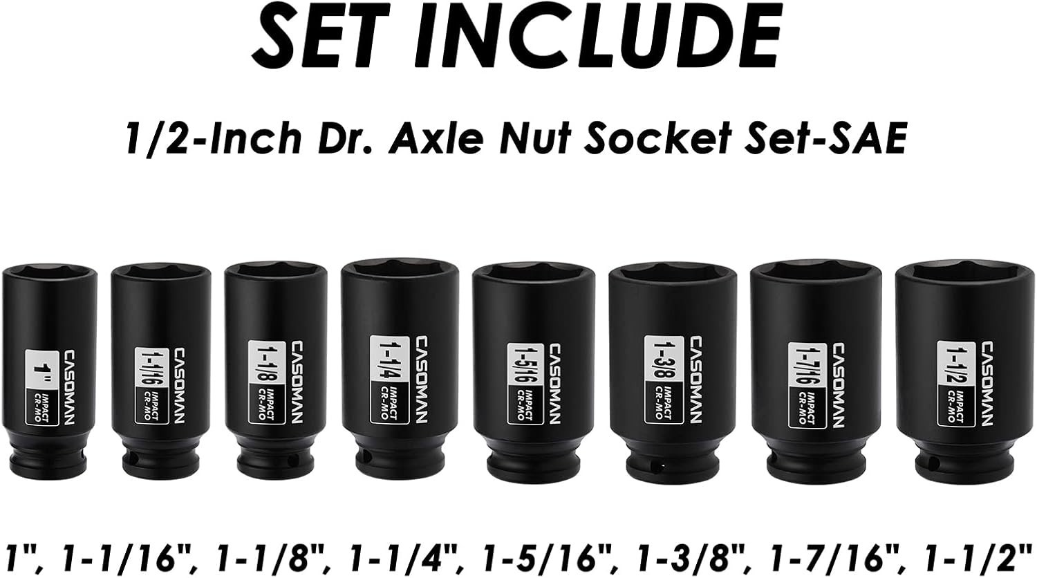 1″ – 1-1/2″ Spindle Axle Nut Impact Socket Set, 8-Piece
