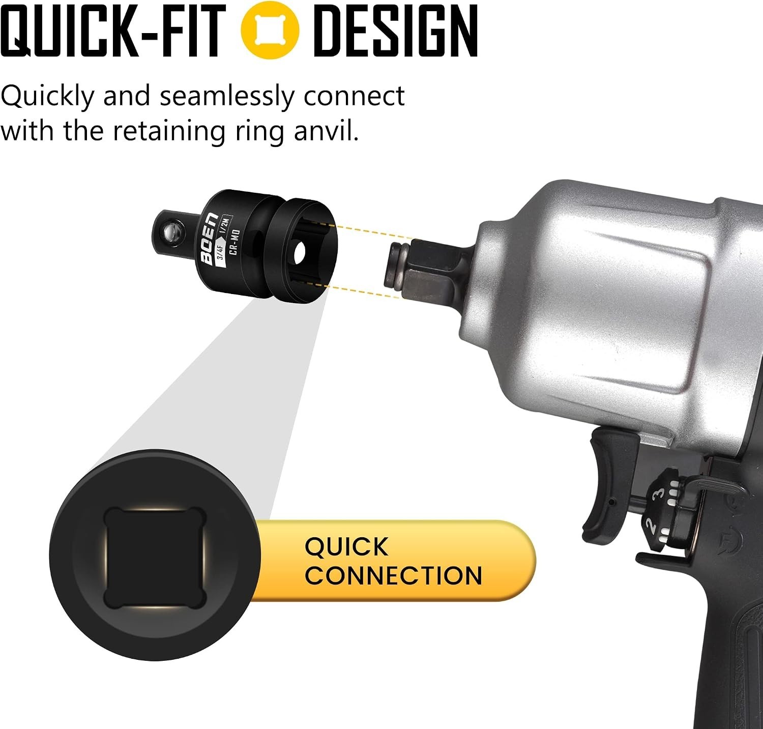Compact Cr-Mo Steel Impact Socket Adapter, 3/4″F to 1/2″M – Wide Compatibility