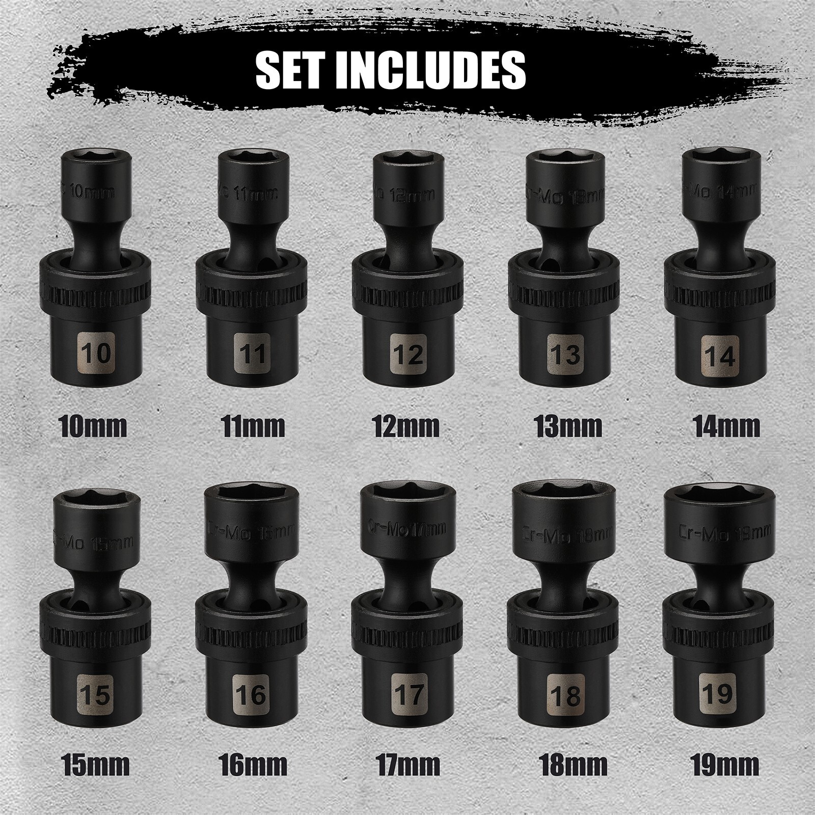 10 Pcs 3/8″ Drive 6 Point Universal Flex Impact Socket Set, Metric,10mm- 19mm
