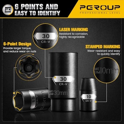 45PCS 1/2″ Drive Metric Impact Socket Set, Deep & Shallow Sockets, 9-32mm, Chrom