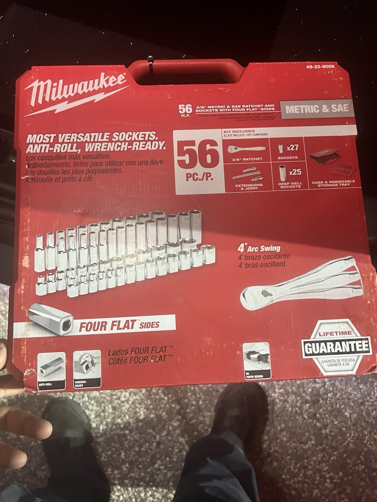 [NEW] (48-22-9008) Milwaukee 3/8″ Drive 56pc Ratchet & Socket Set with FOUR FLAT