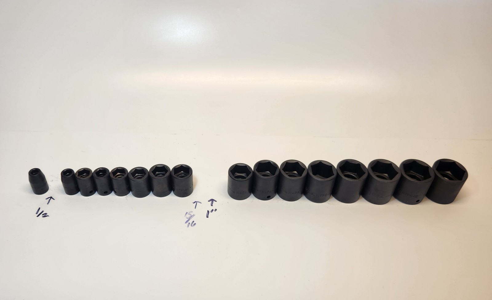 NAPA Professional Impact Socket Set of 16pcs 1/2 Drive USA NTP-612 to NTP-648