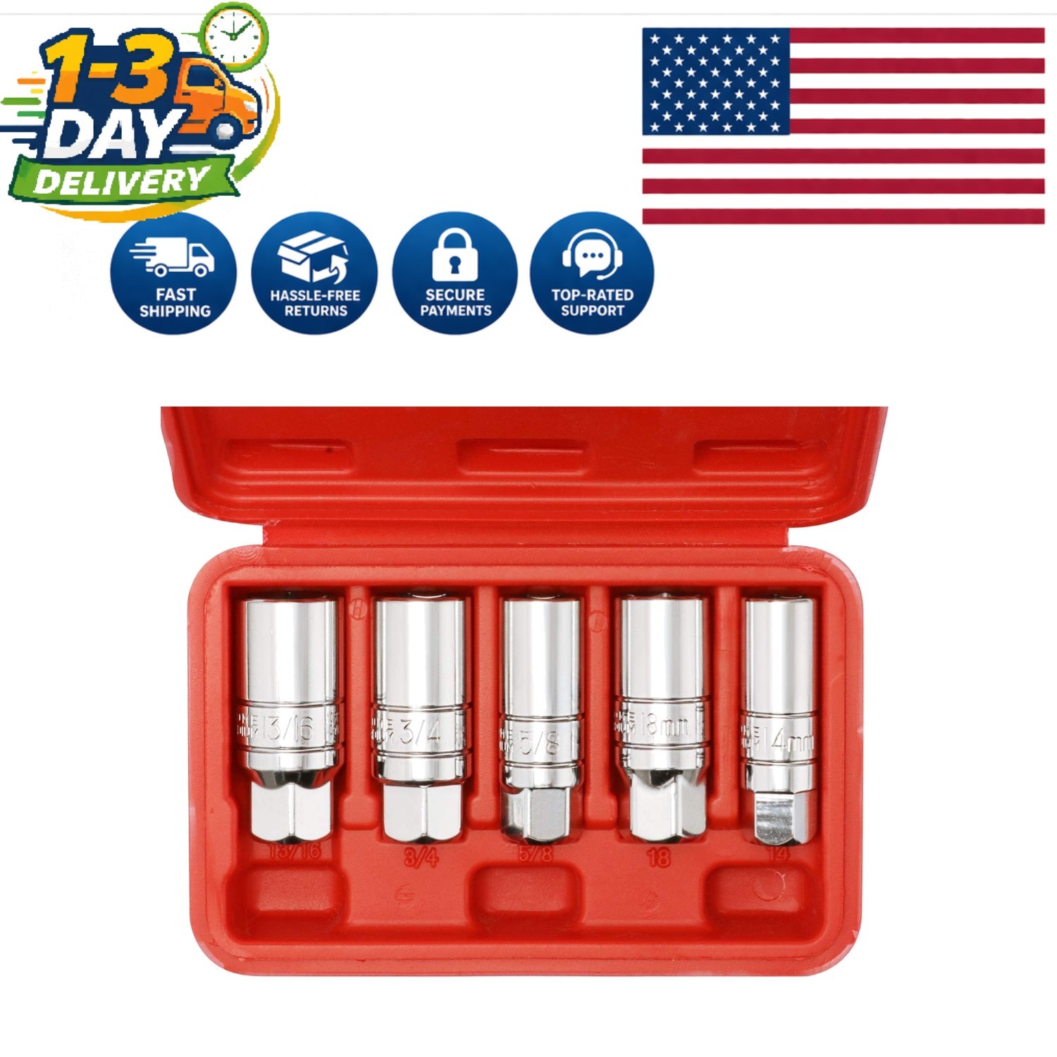 5-Piece Spark Plug Socket Set with Rubber Retaining Ring – Durable & Reliable