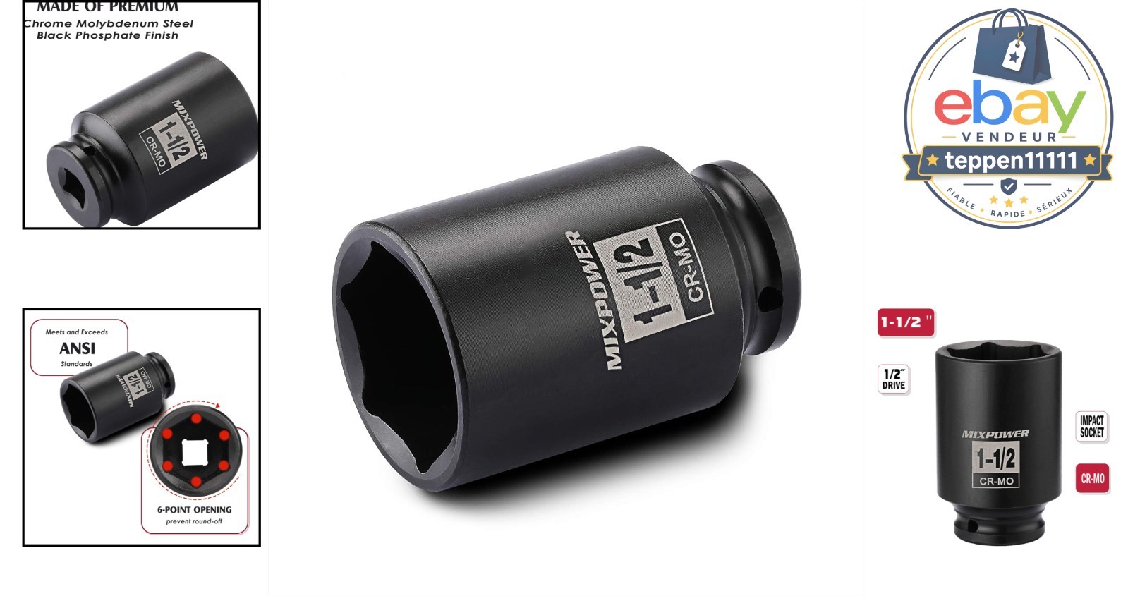 1/2 Inch Drive Deep Impact Socket 1-1/2 Inch CR-MO 6PT Axle Nut Socket