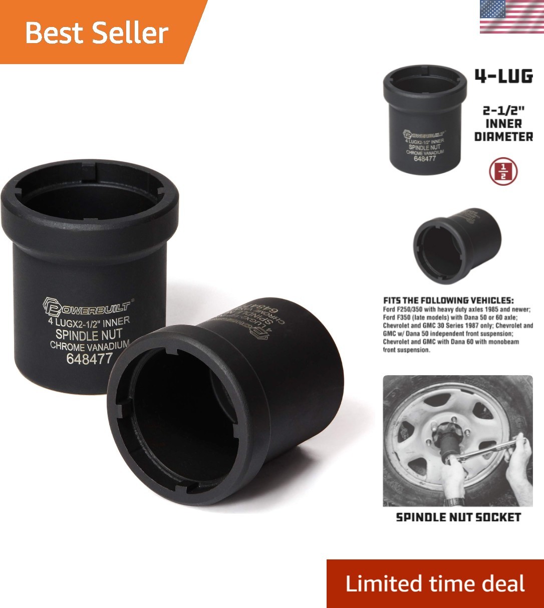 Precision 4-Lug Spindle Nut Removal Socket for Dodge, Chevy, Ford Trucks