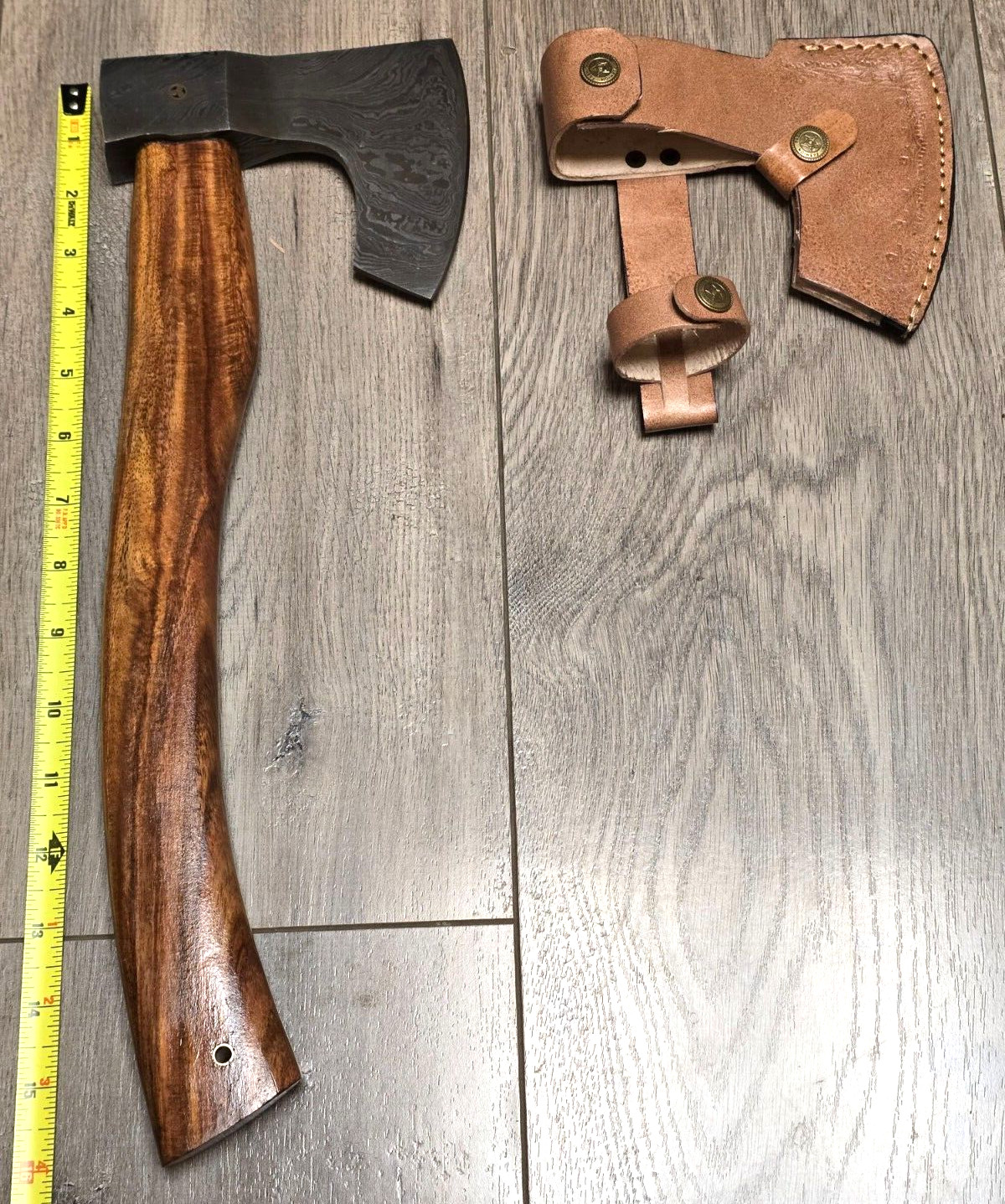 16″ Custom Hand Made Damascus Axe/ Hatchet w/Rosewood Handle & Leather Sheath