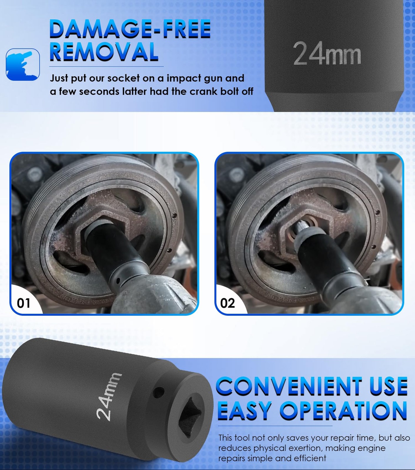 For GM LS 24mm Crank Bolt Socket 77070 Harmonic Balancer Tool, 3
