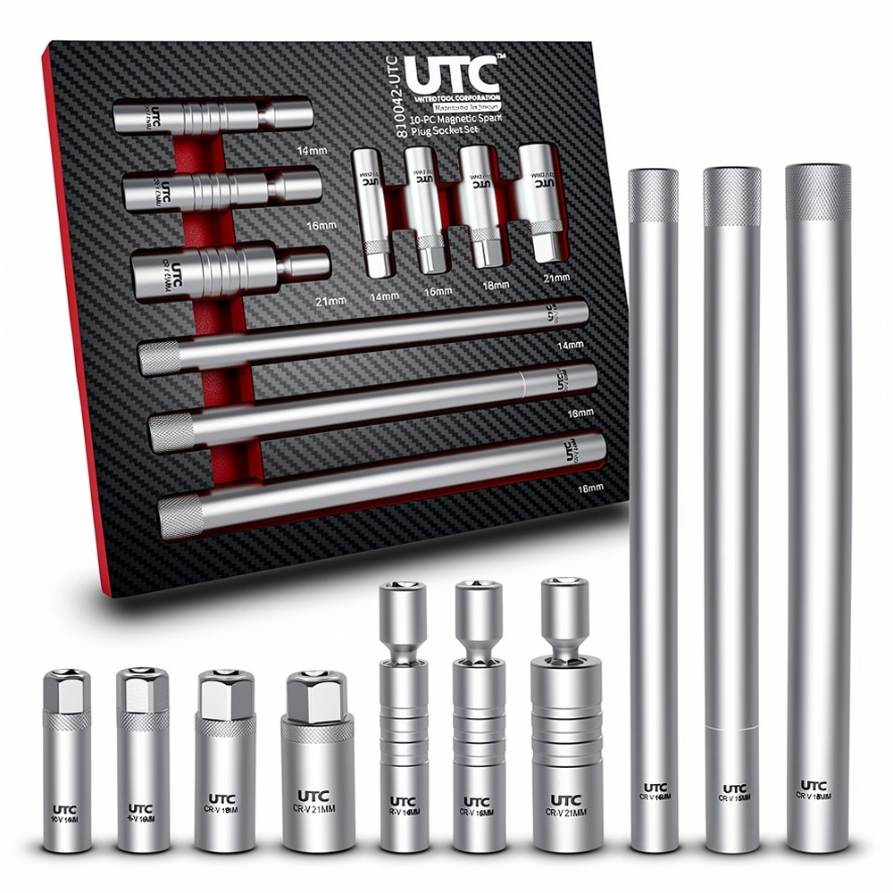 Spark Plug Socket Set 10 Piece Magnetic Swivel 3/8 Drive Thin Wall EVA Tray UK