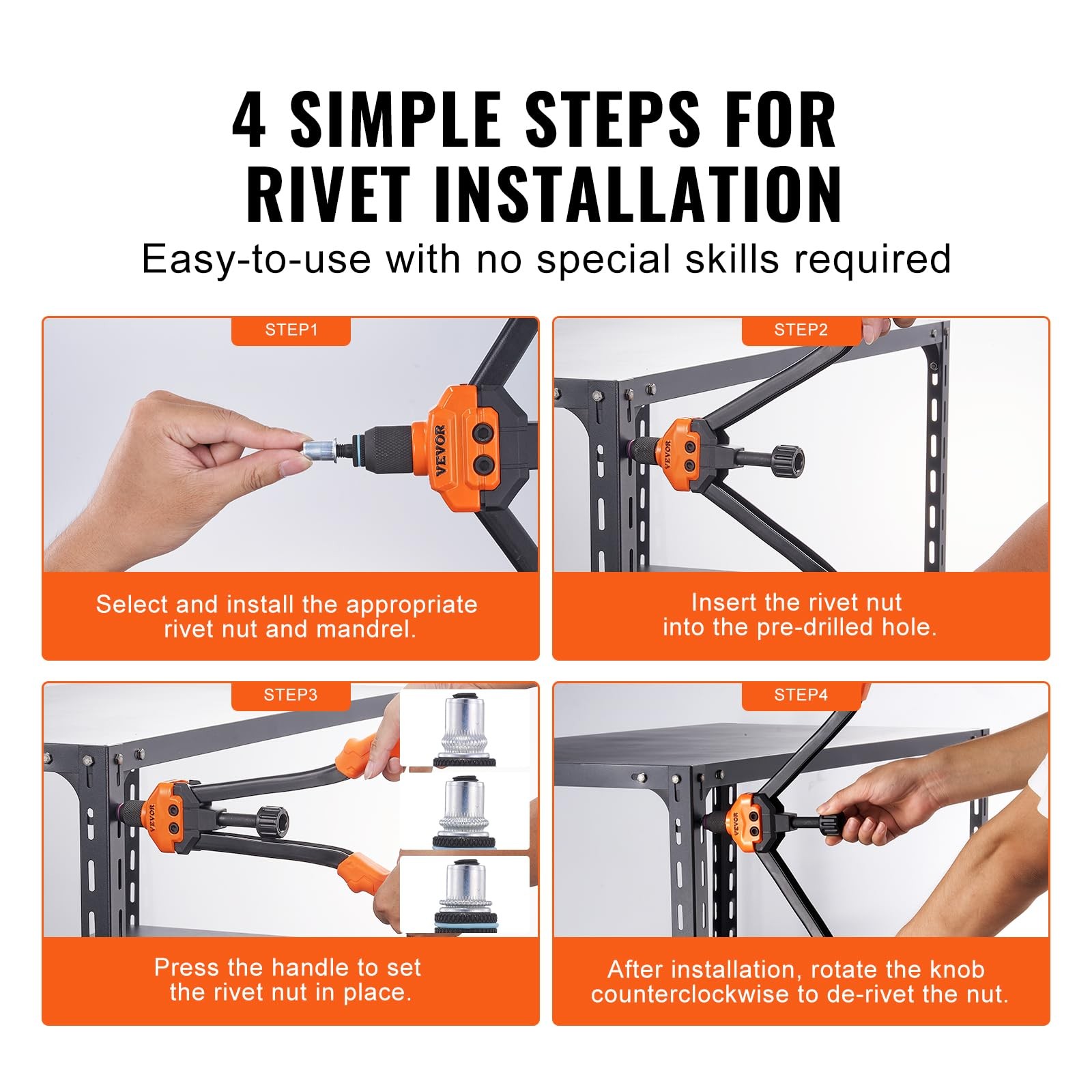 VEVOR 16″ Rivet Nut Tool, Labor-Saving Rivnut Tool Kit 16″, Orange & Black