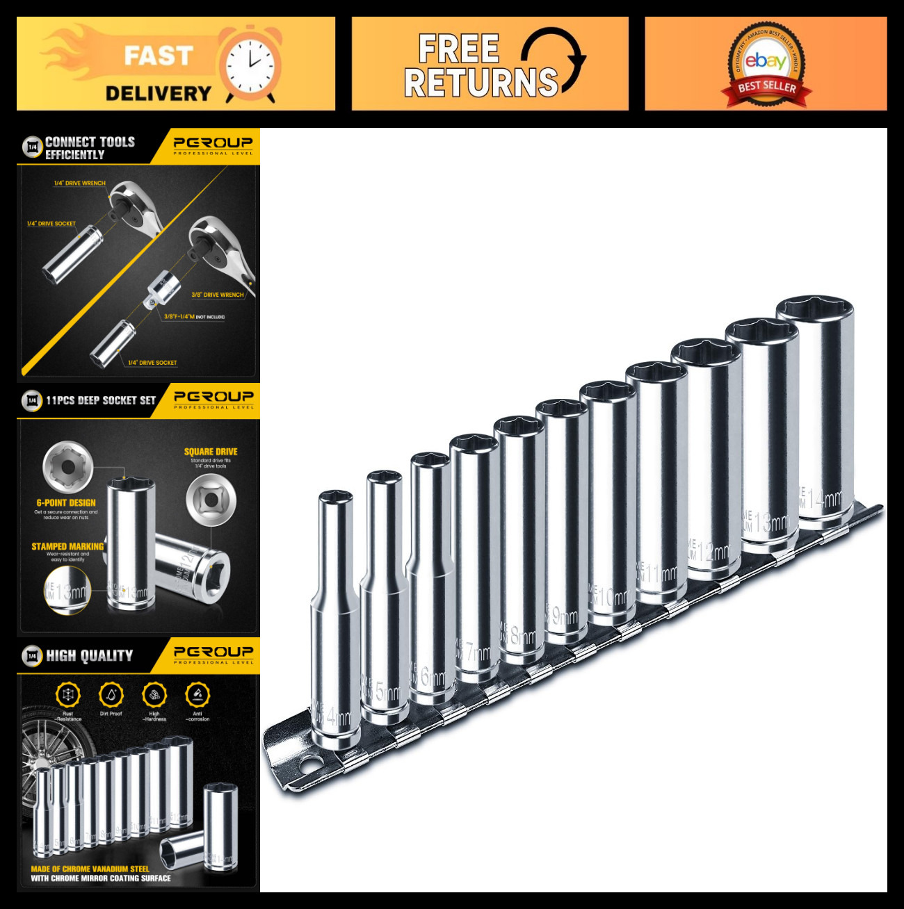 11PCS 1/4″ Drive Deep Socket Set, Metric 4mm-14mm, 6-Point, Chrome Vanadium, Sto