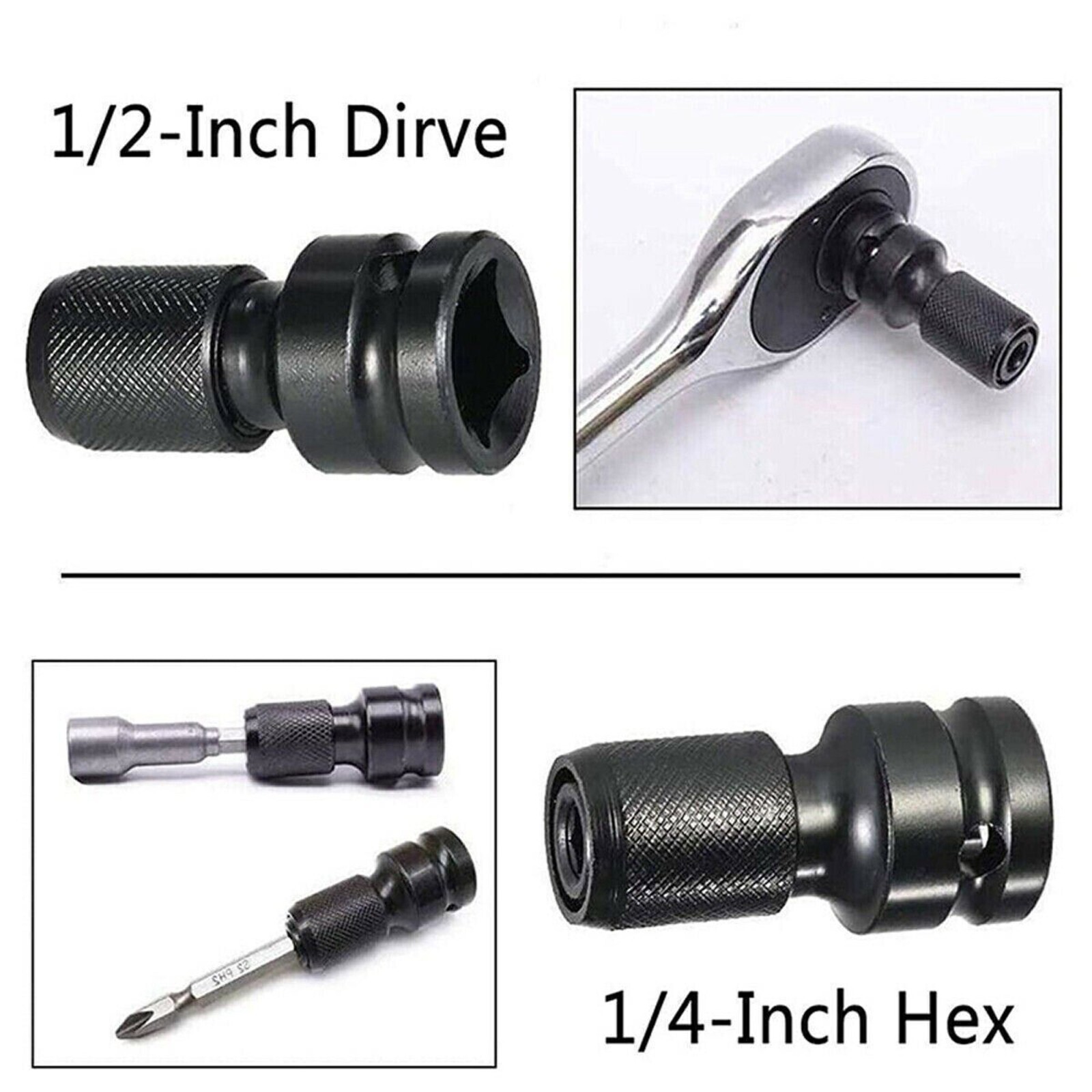 2Pcs 1/2″ Drive To 1/4″ Socket Adapter for IMPACT WRENCH Hex Drill Chuck Convert